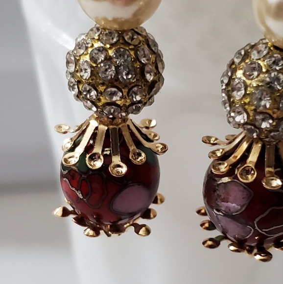 Antique Miriam Haskell Frank Hess cloisonne pave disco ball pearl earrings vtg - Picture 5 of 16